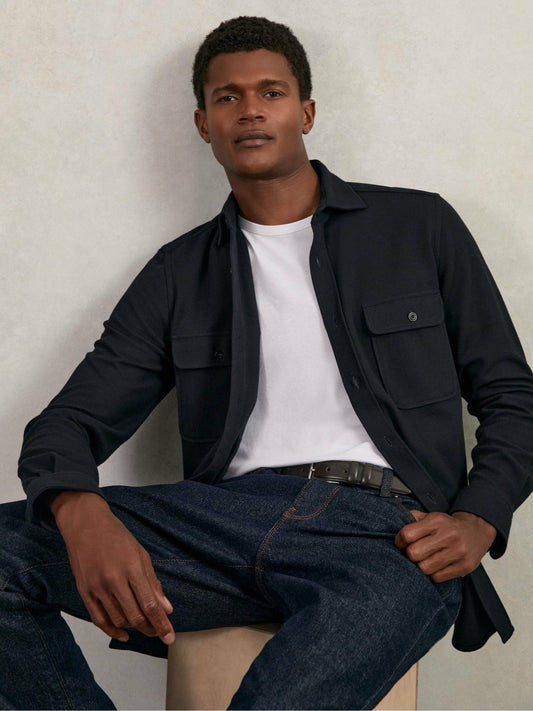 Textured Twin Pocket Cotton Blend Overshirt in Navy | Reiss Men Premium