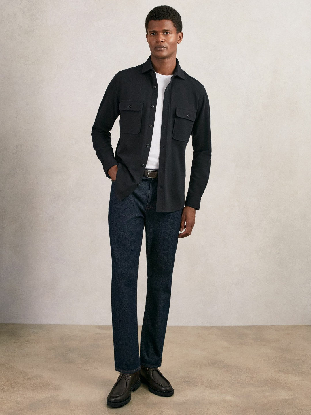 Textured Twin Pocket Cotton Blend Overshirt in Navy | Reiss Men Premium