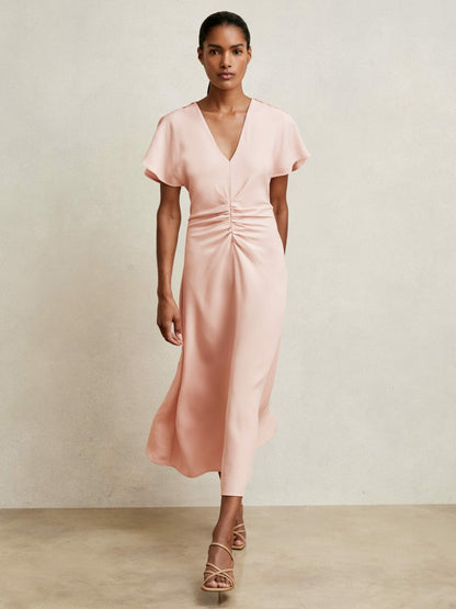 Ruched-Front Midi Dress in Pale Pink | Reiss Women Recommended