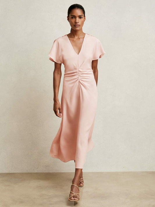 Ruched-Front Midi Dress in Pale Pink | Reiss Women Recommended