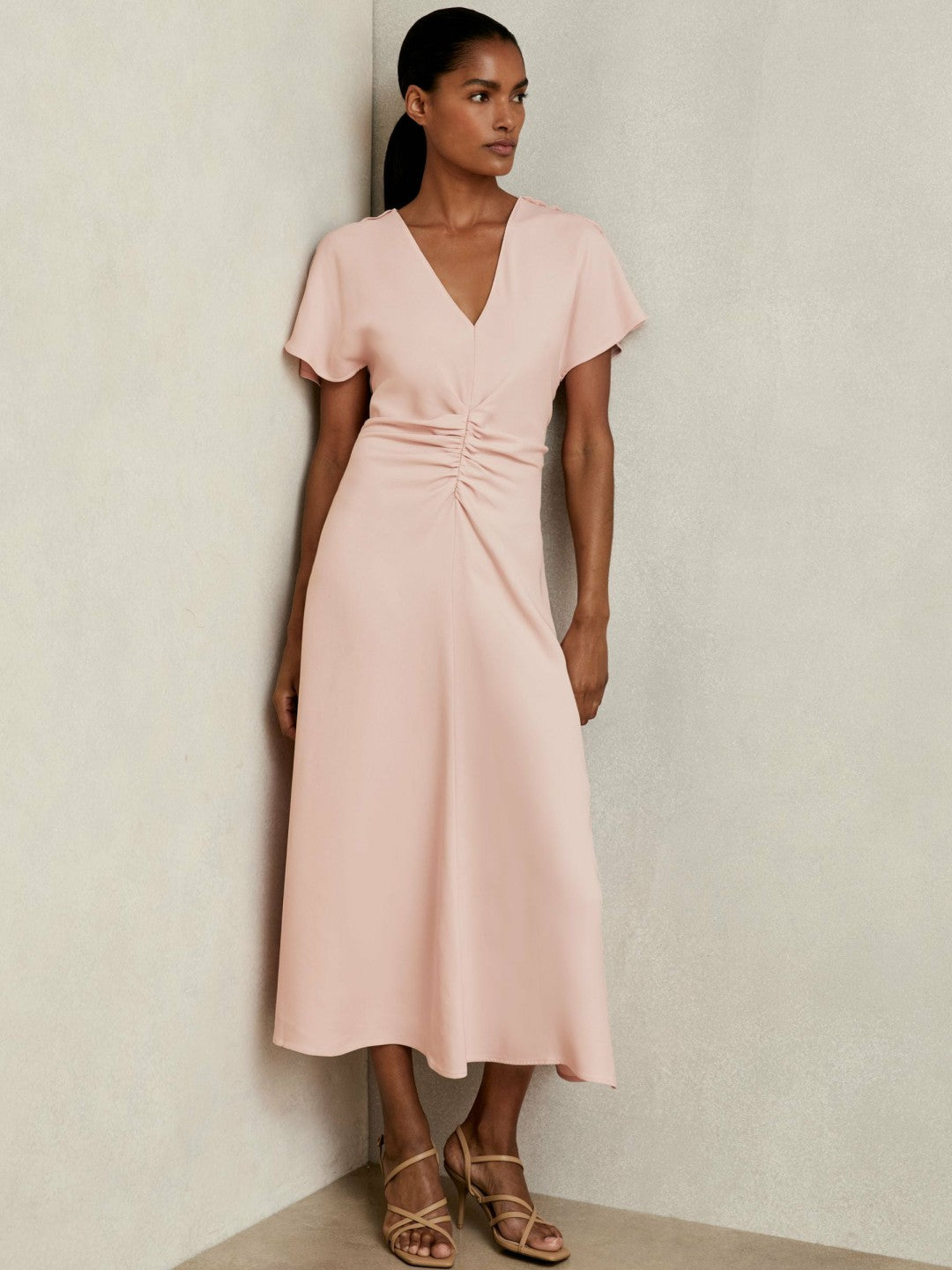 Ruched-Front Midi Dress in Pale Pink | Reiss Women Recommended
