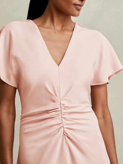 Ruched-Front Midi Dress in Pale Pink | Reiss Women Recommended
