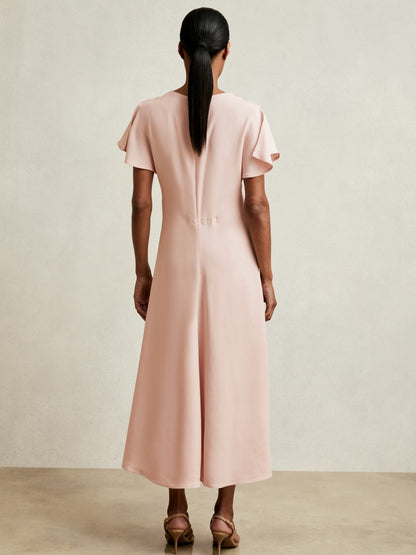 Ruched-Front Midi Dress in Pale Pink | Reiss Women Recommended