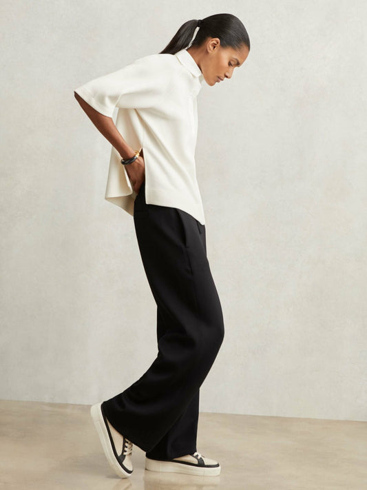 Petite Wide-Leg Interlock Drawstring Joggers in Black | Reiss Women Best Seller