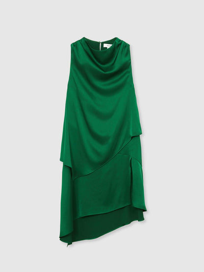 Satin Drape-Neck Layered Dress in Green | Reiss Women Featured