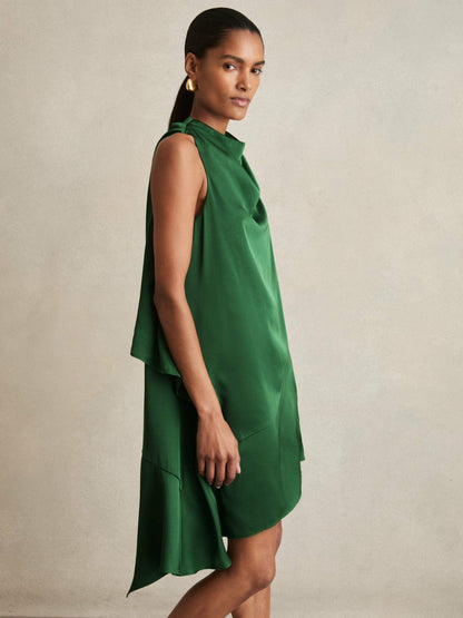 Satin Drape-Neck Layered Dress in Green | Reiss Women Featured