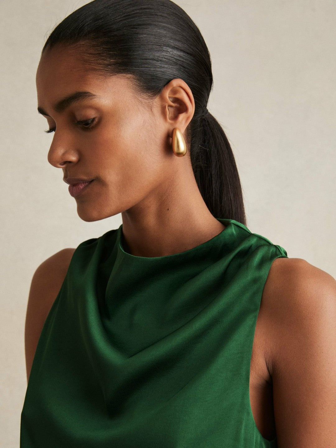 Satin Drape-Neck Layered Dress in Green | Reiss Women Featured
