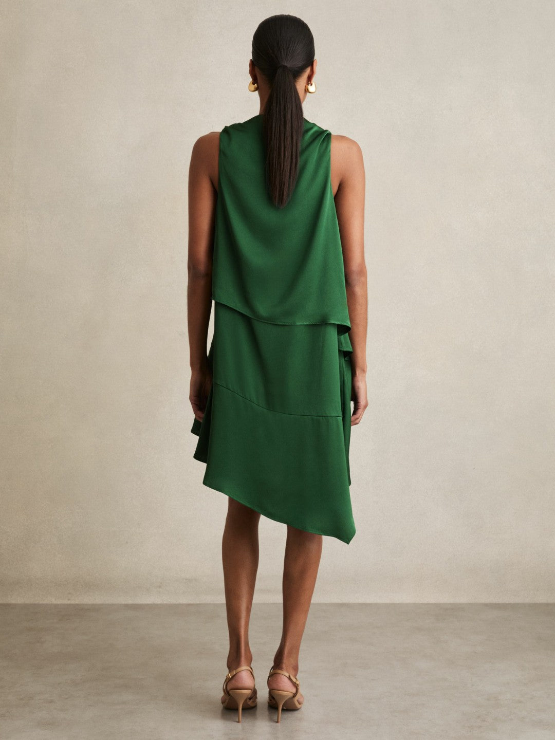 Satin Drape-Neck Layered Dress in Green | Reiss Women Featured