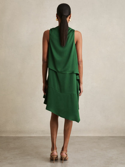 Satin Drape-Neck Layered Dress in Green | Reiss Women Featured