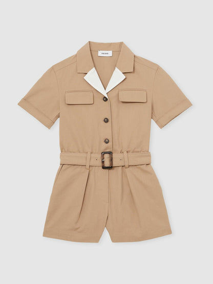 9-13 yrs Cotton-Lyocell Utility Playsuit in Camel | Reiss Children & Baby Signature