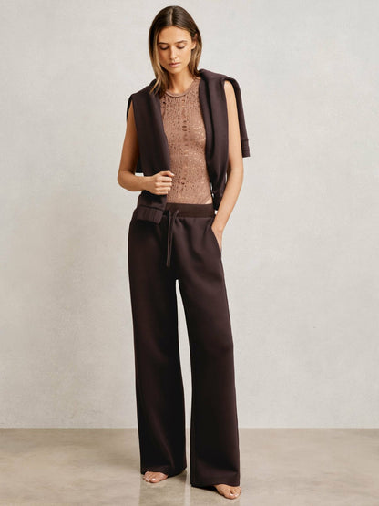 Petite Wide-Leg Interlock Drawstring Joggers in Plum | Reiss Women Best Seller