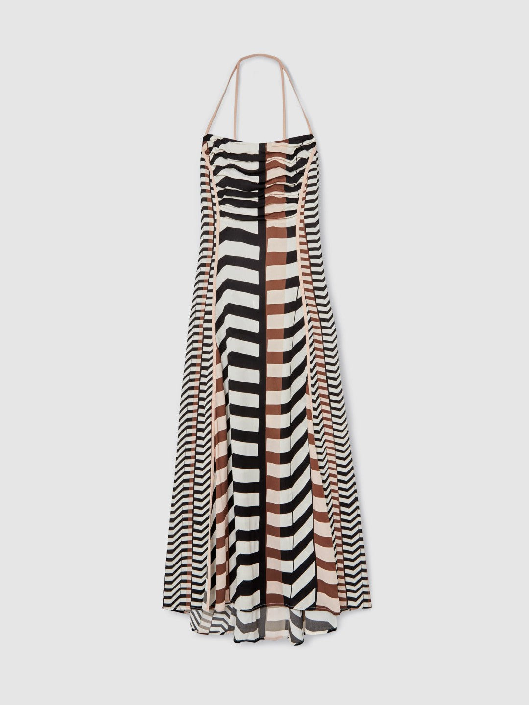 Chevron-Stripe Ruched Midi Dress in Black/Brown | Reiss Women New