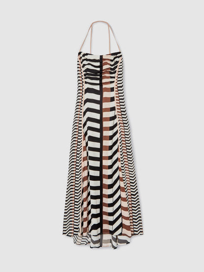 Chevron-Stripe Ruched Midi Dress in Black/Brown | Reiss Women New