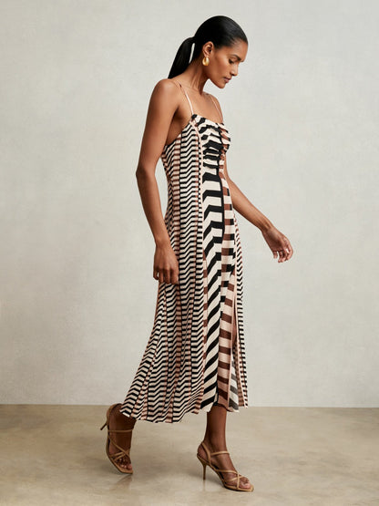 Chevron-Stripe Ruched Midi Dress in Black/Brown | Reiss Women New