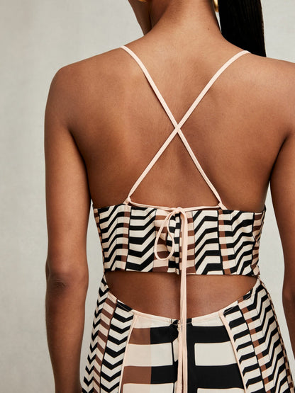 Chevron-Stripe Ruched Midi Dress in Black/Brown | Reiss Women New