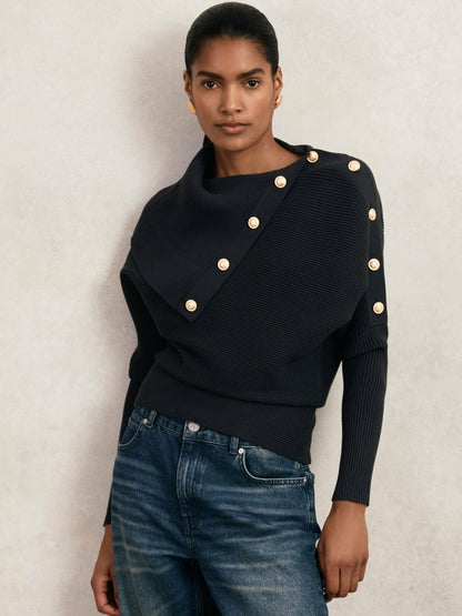 Rib-Knit Button Shawl Jumper in Navy | Reiss Women Signature