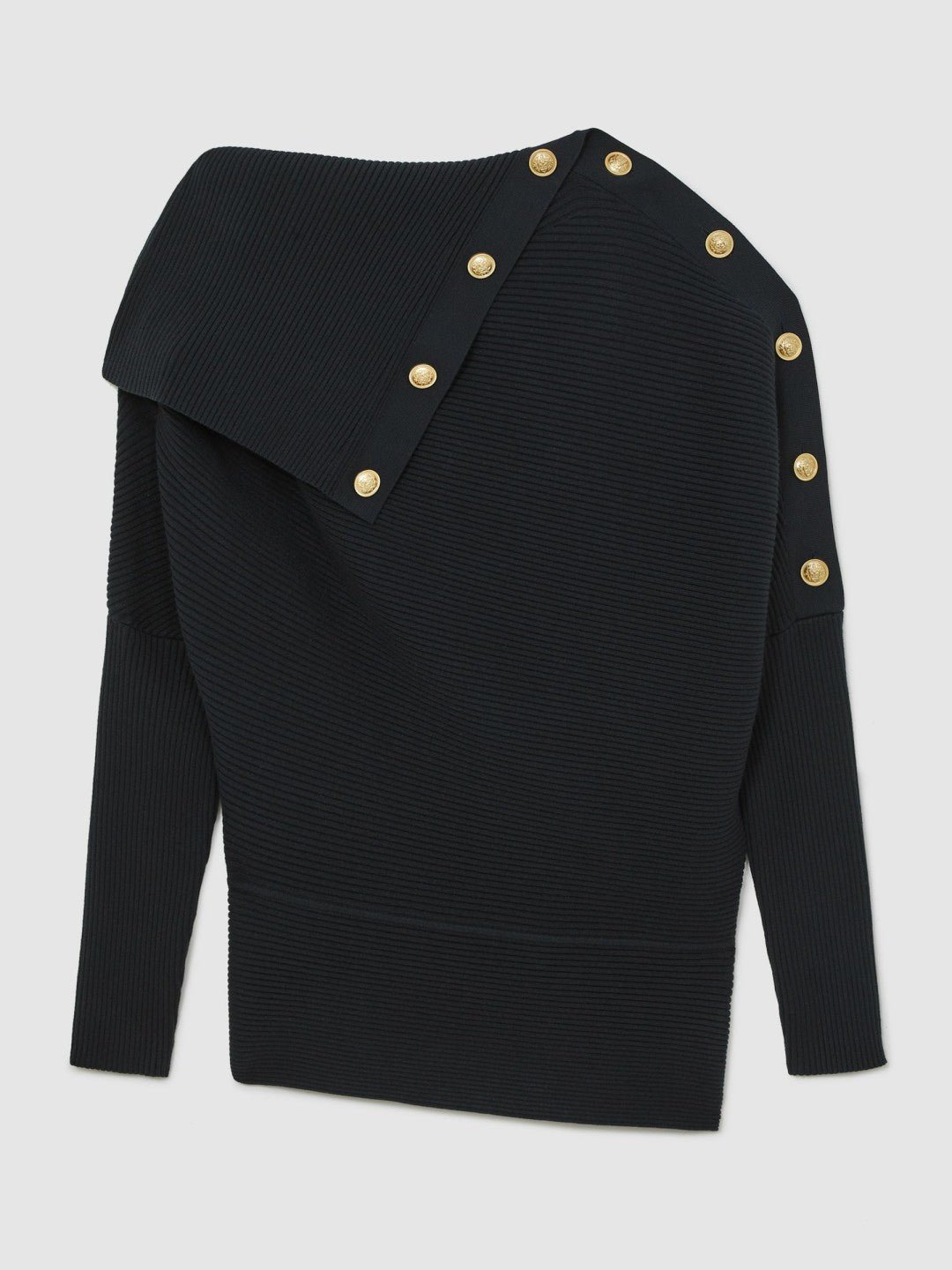 Rib-Knit Button Shawl Jumper in Navy | Reiss Women Signature