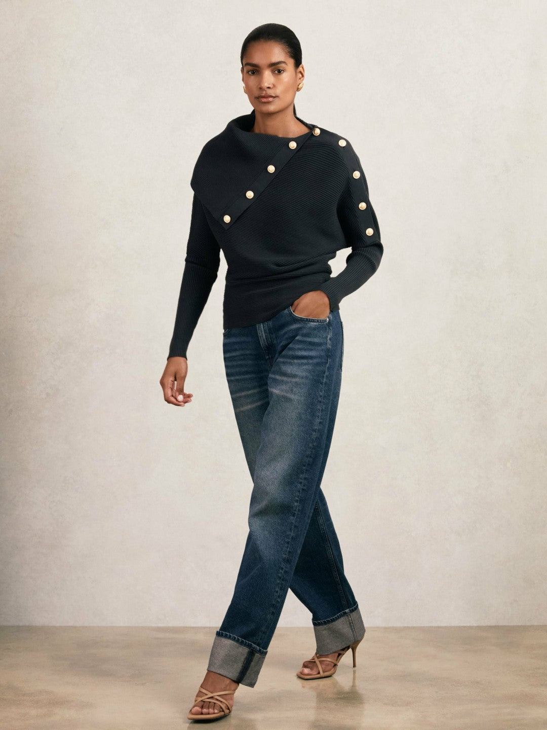 Rib-Knit Button Shawl Jumper in Navy | Reiss Women Signature