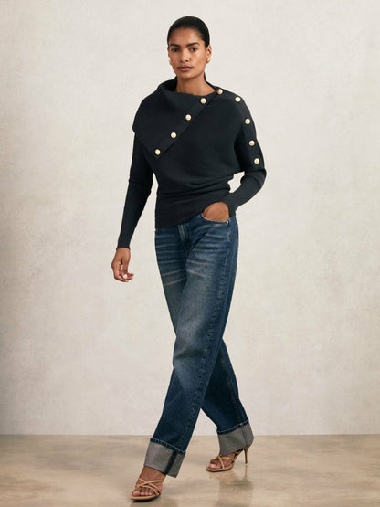Rib-Knit Button Shawl Jumper in Navy | Reiss Women Signature