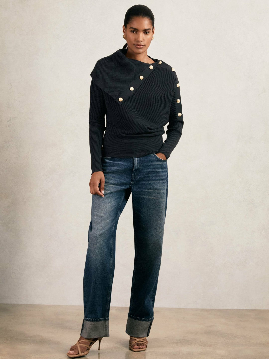 Rib-Knit Button Shawl Jumper in Navy | Reiss Women Signature