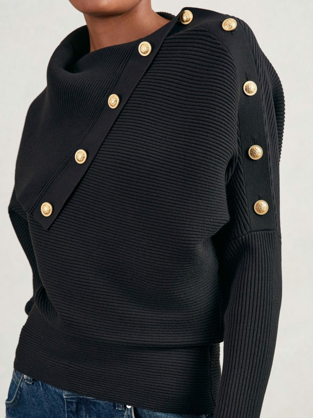 Rib-Knit Button Shawl Jumper in Navy | Reiss Women Signature