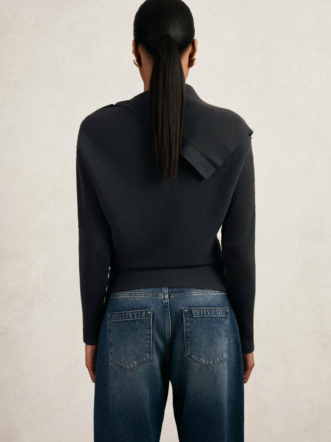 Rib-Knit Button Shawl Jumper in Navy | Reiss Women Signature