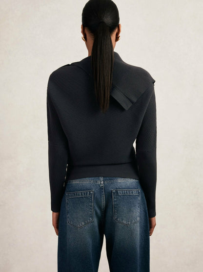 Rib-Knit Button Shawl Jumper in Navy | Reiss Women Signature