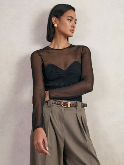 Mesh Knit Sweetheart Long-Sleeve Top in Black | Reiss Women Signature