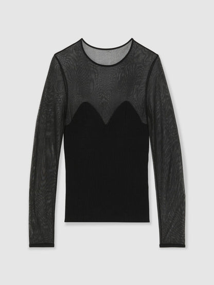 Mesh Knit Sweetheart Long-Sleeve Top in Black | Reiss Women Signature