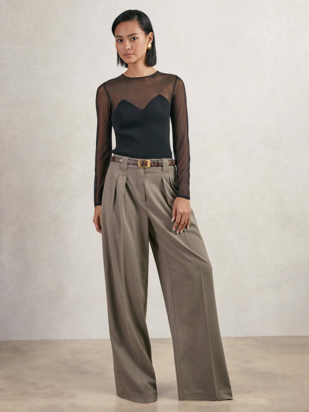 Mesh Knit Sweetheart Long-Sleeve Top in Black | Reiss Women Signature