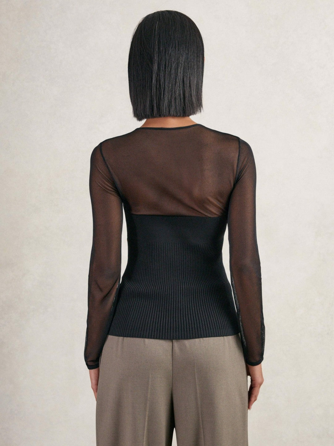 Mesh Knit Sweetheart Long-Sleeve Top in Black | Reiss Women Signature