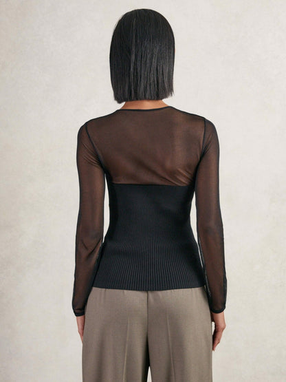 Mesh Knit Sweetheart Long-Sleeve Top in Black | Reiss Women Signature