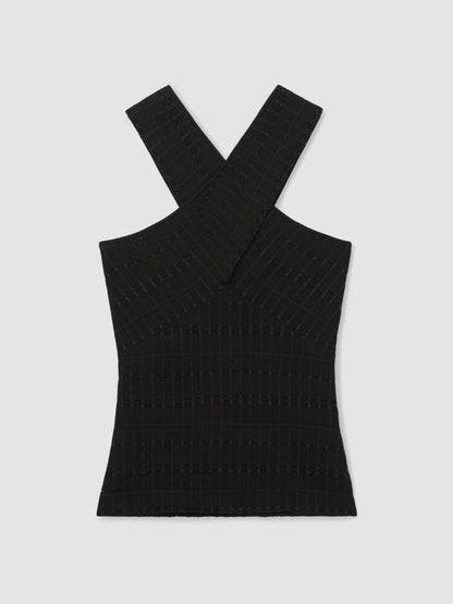 Cross Neck Textured Top in Black | Reiss Women Signature