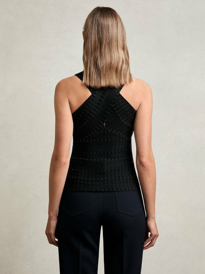 Cross Neck Textured Top in Black | Reiss Women Signature