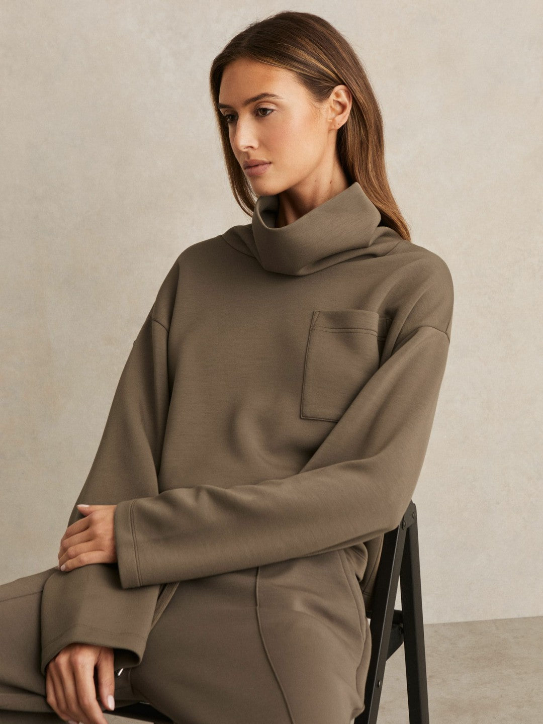 Interlock Jersey Funnel Neck Sweatshirt in Khaki Green | Reiss Women Popular