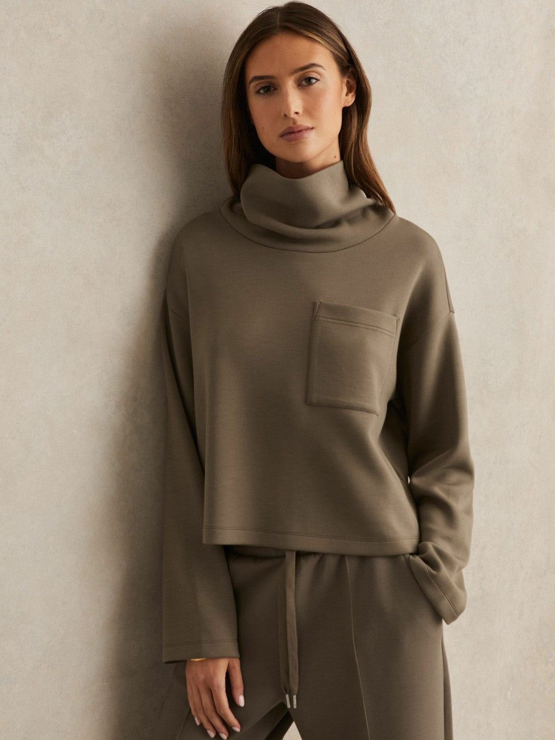 Interlock Jersey Funnel Neck Sweatshirt in Khaki Green | Reiss Women Popular