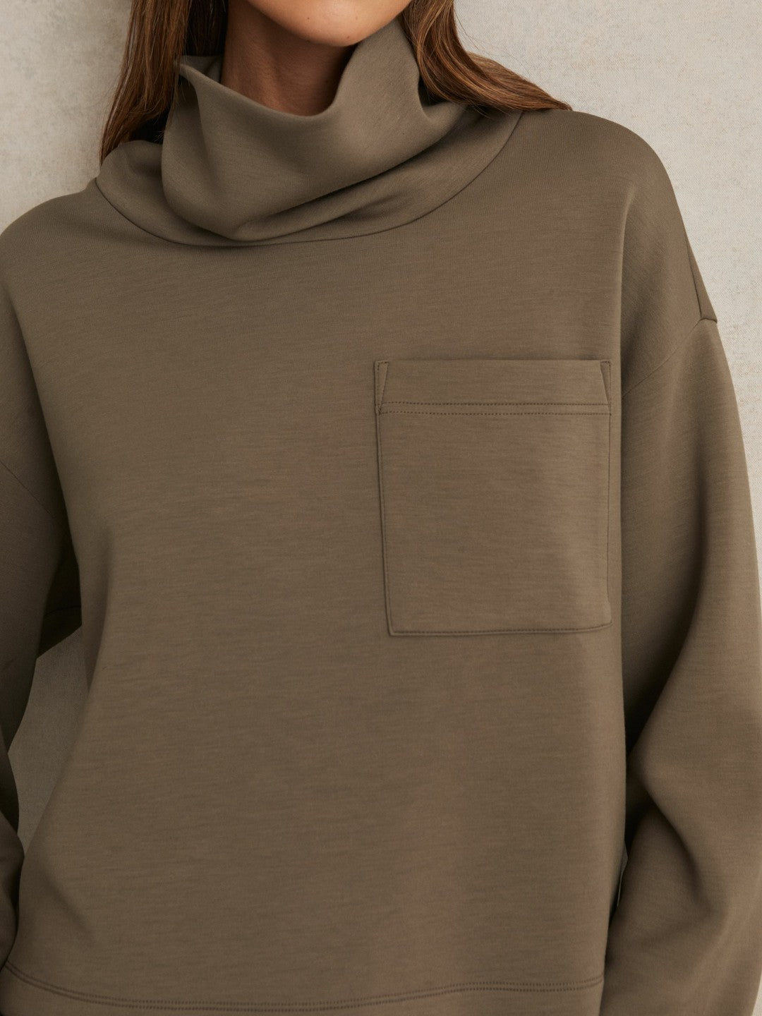 Interlock Jersey Funnel Neck Sweatshirt in Khaki Green | Reiss Women Popular