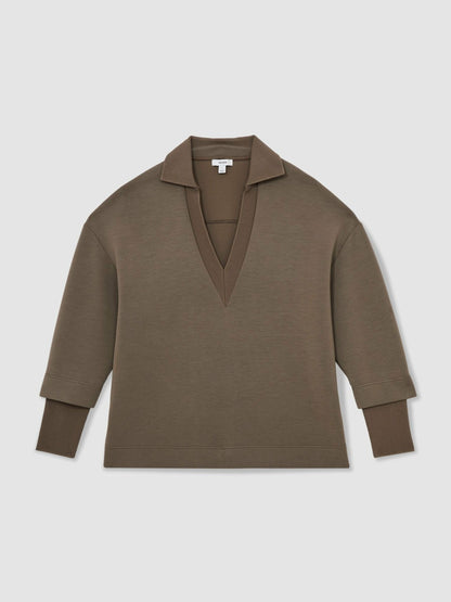 Interlock Open-Collar Sweatshirt in Khaki Green | Reiss Women Popular