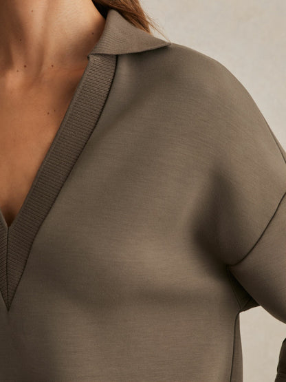 Interlock Open-Collar Sweatshirt in Khaki Green | Reiss Women Popular