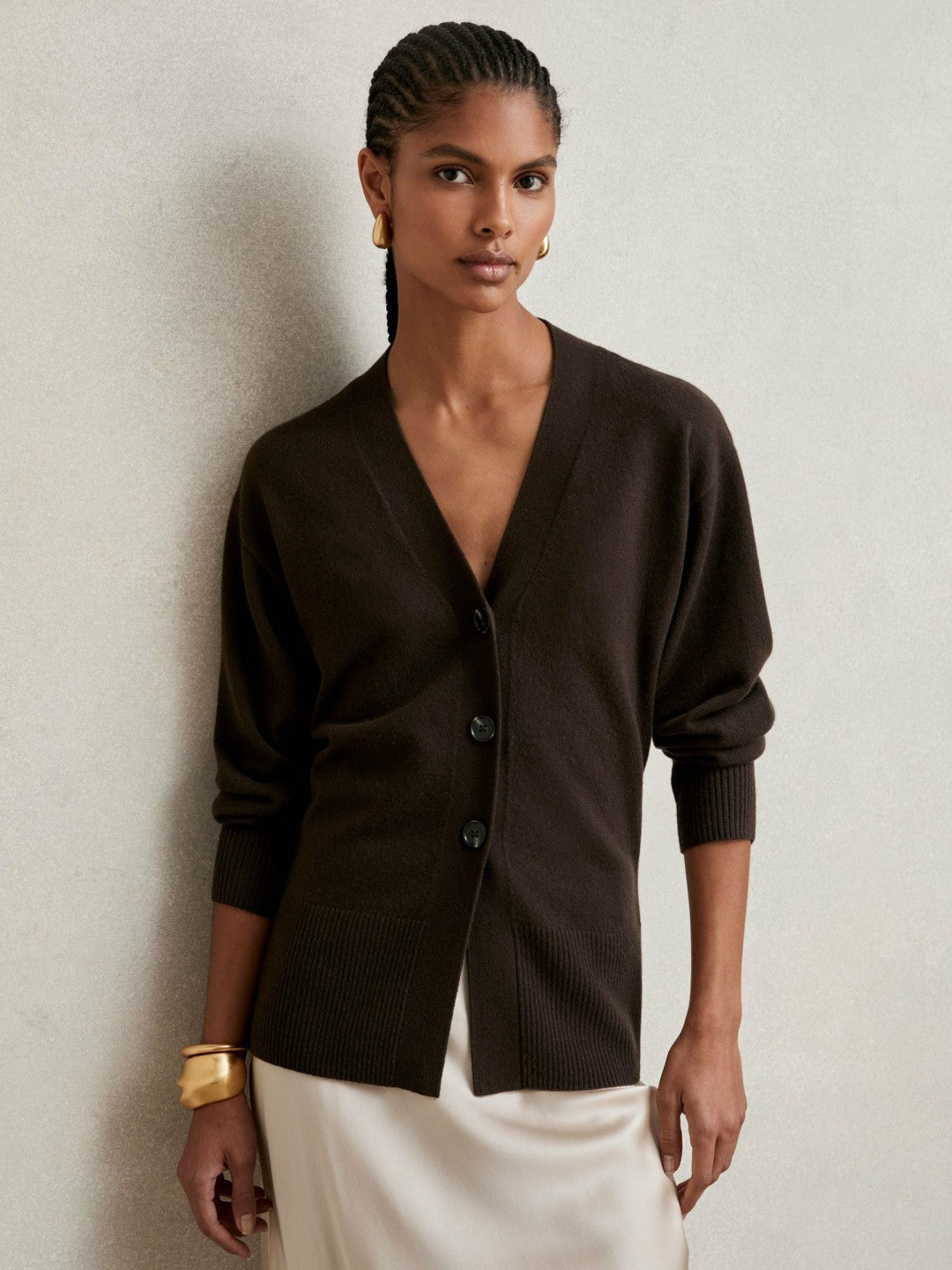 Wool-Blend Fitted Cardigan With Cashmere in Chocolate | Reiss Women Exclusive