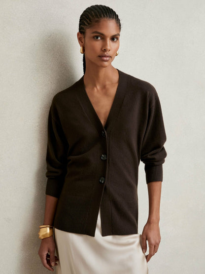 Wool-Blend Fitted Cardigan With Cashmere in Chocolate | Reiss Women Exclusive