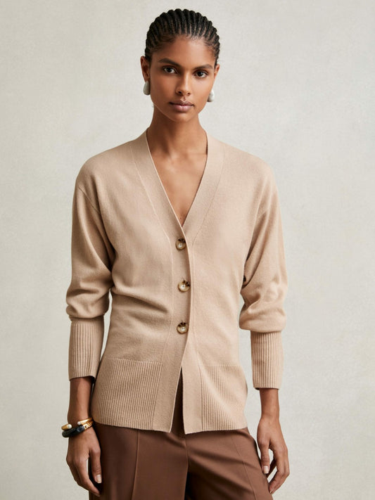 Wool-Blend Fitted Cardigan With Cashmere in Neutral | Reiss Women Premium