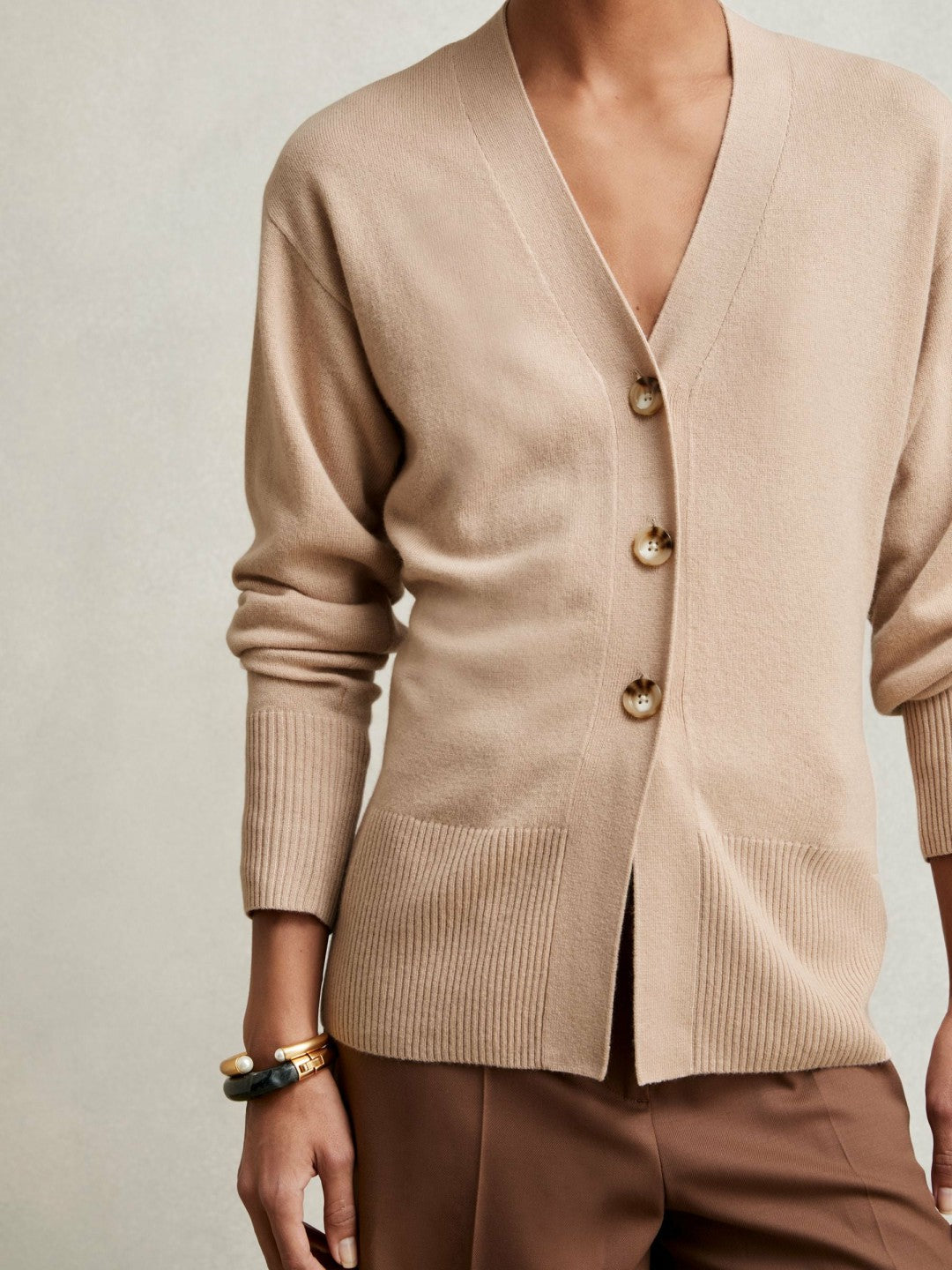 Wool-Blend Fitted Cardigan With Cashmere in Neutral | Reiss Women Premium