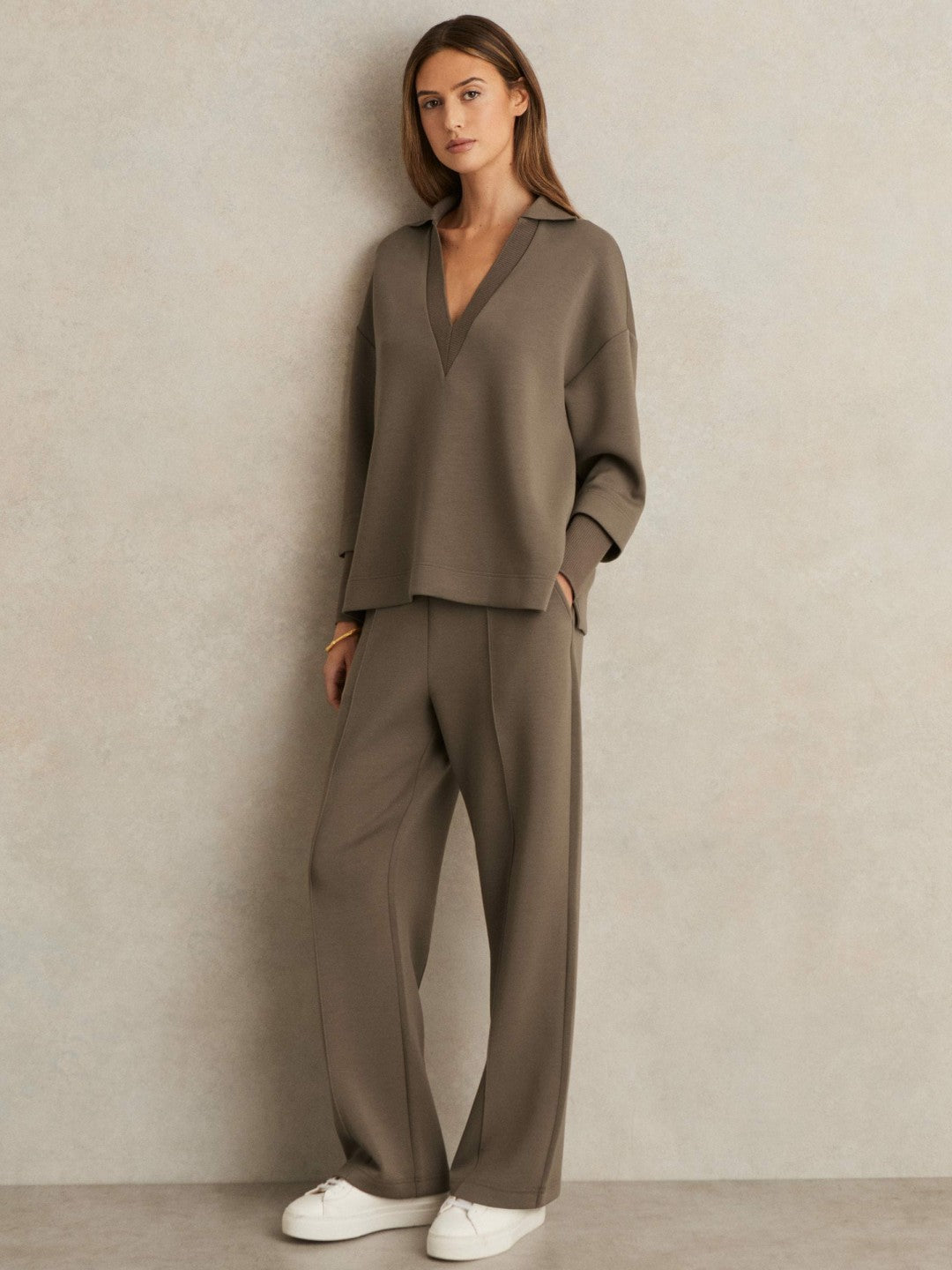 Modal-Blend Interlock Wide-Leg Joggers in Khaki Green | Reiss Women Recommended
