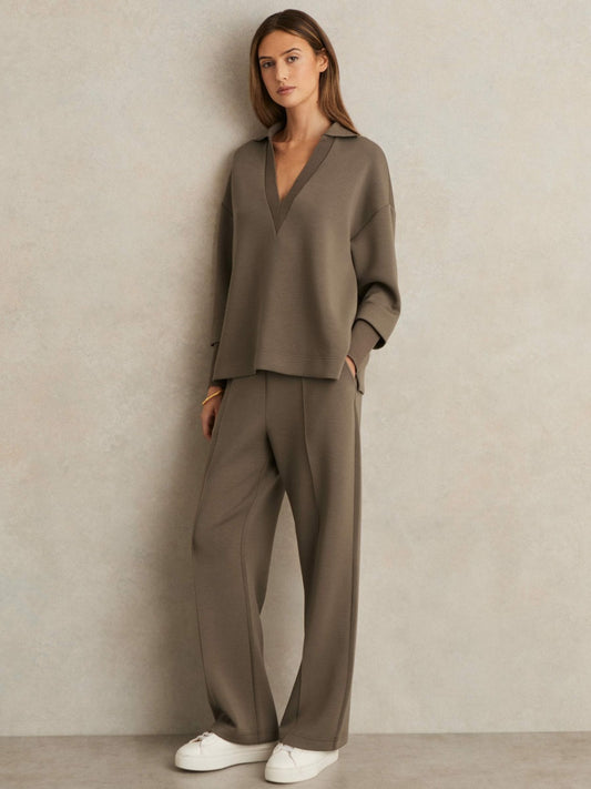 Modal-Blend Interlock Wide-Leg Joggers in Khaki Green | Reiss Women Recommended
