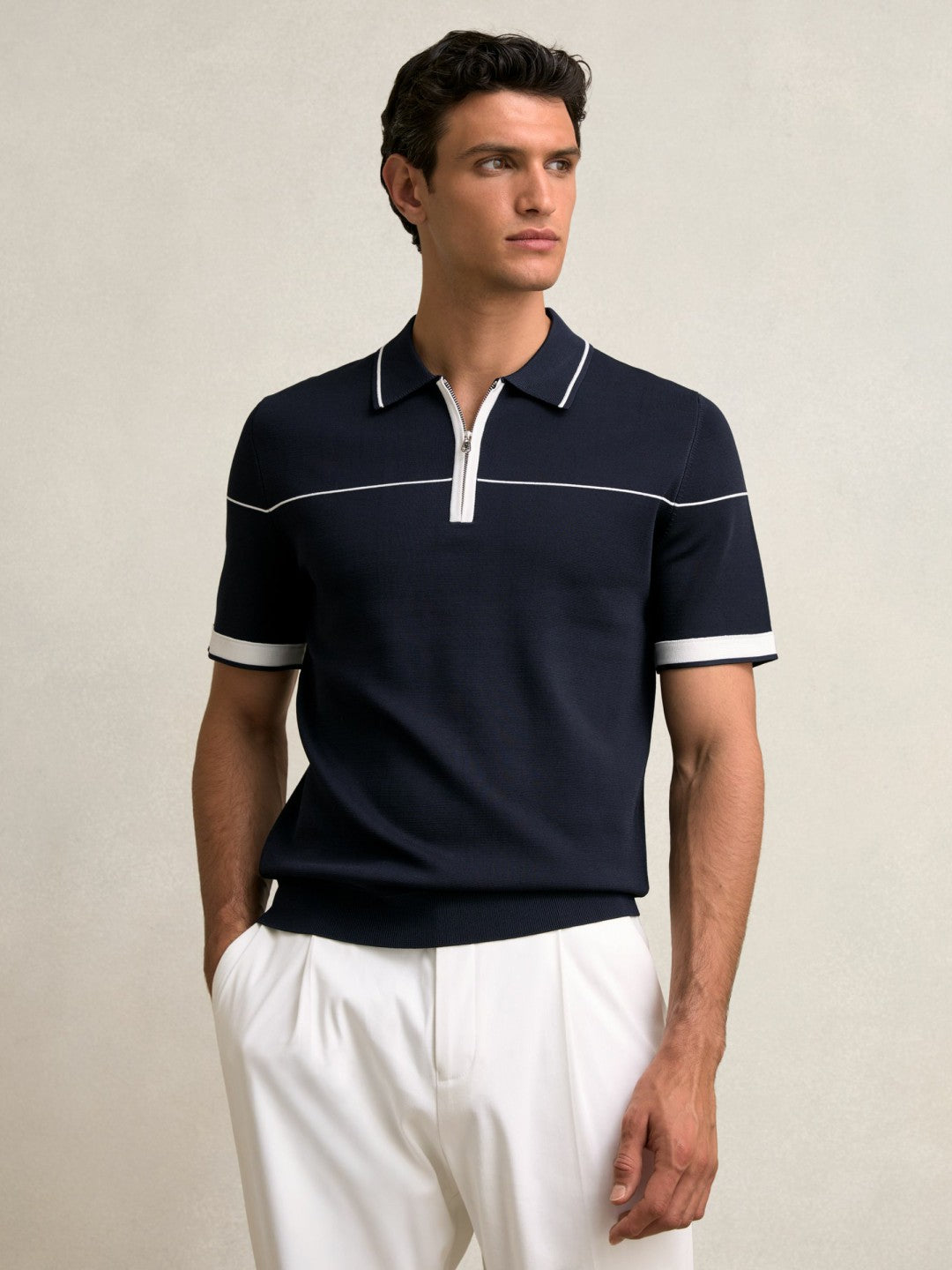 Half Zip Tipped Polo Shirt in Navy/White | Reiss Men Signature