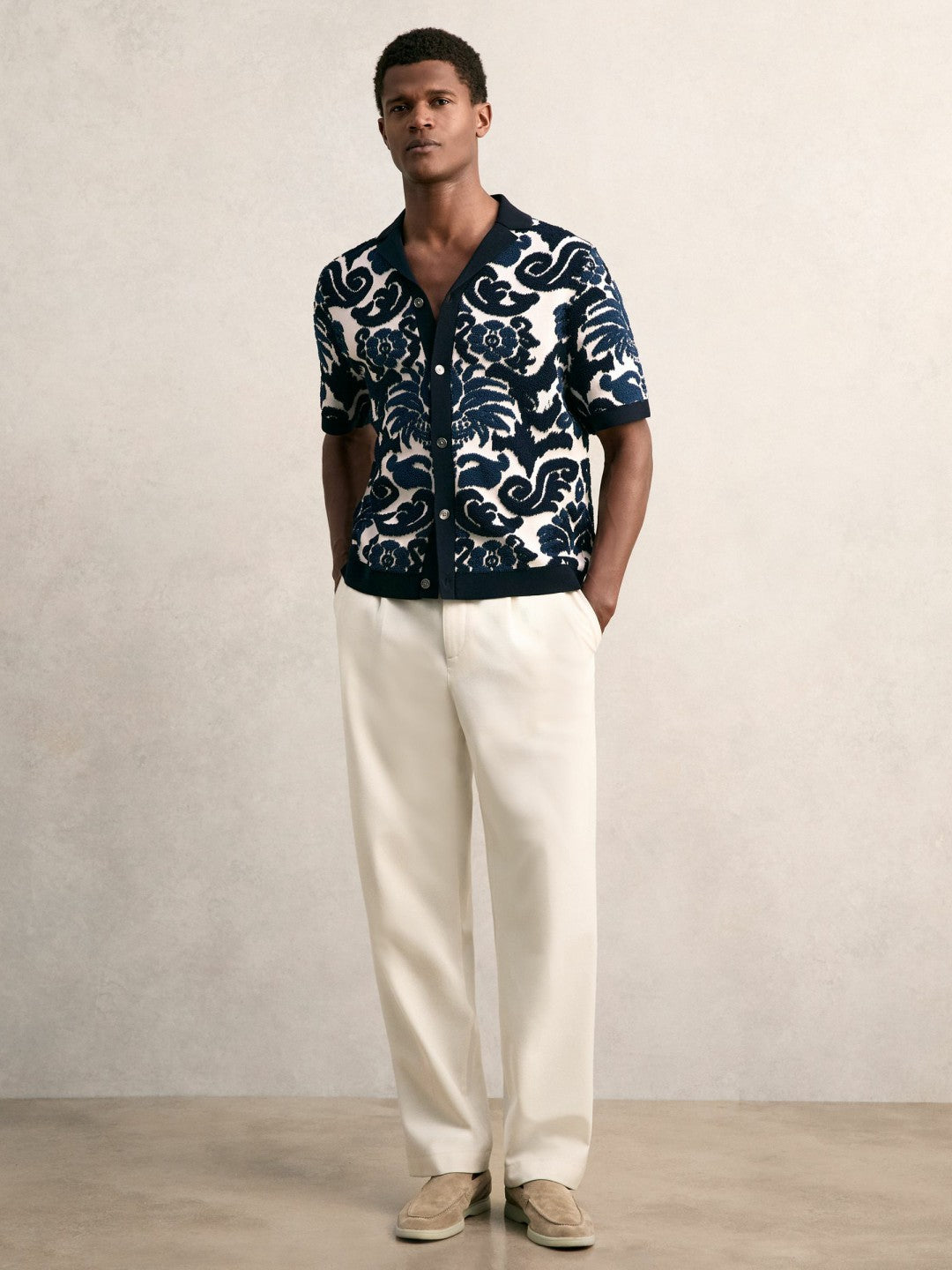 Paisley Jacquard Knit Shirt in Navy Blue/White | Reiss Men Featured
