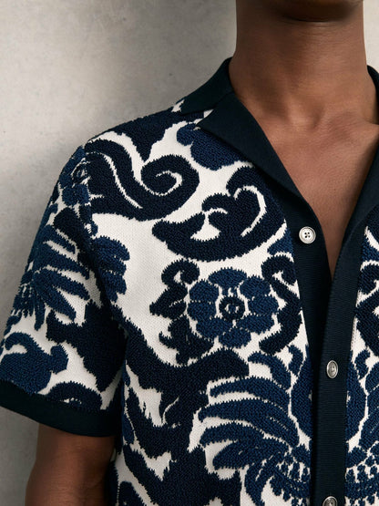 Paisley Jacquard Knit Shirt in Navy Blue/White | Reiss Men Featured