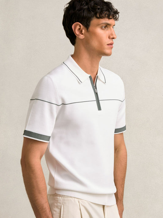 Half Zip Tipped Polo Shirt in White/Green | Reiss Men Premium