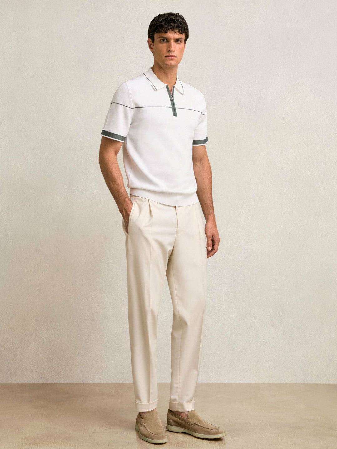 Half Zip Tipped Polo Shirt in White/Green | Reiss Men Premium